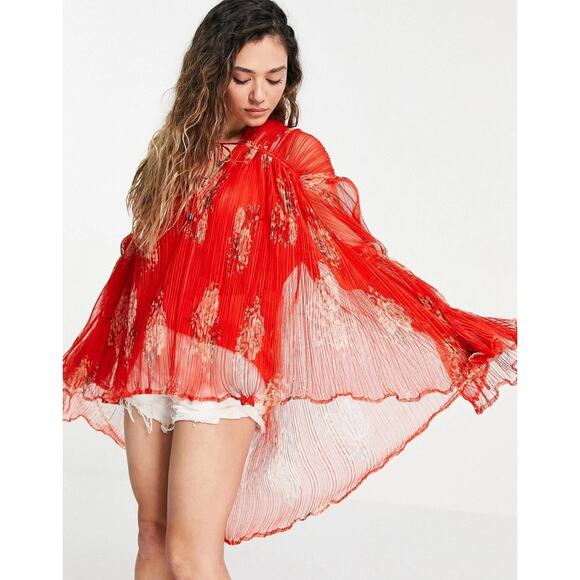 Free People Womens Dahlia Tunic Sz XS Red Floral Pop Combo Bell Sleeve NWT - Picture 10 of 10